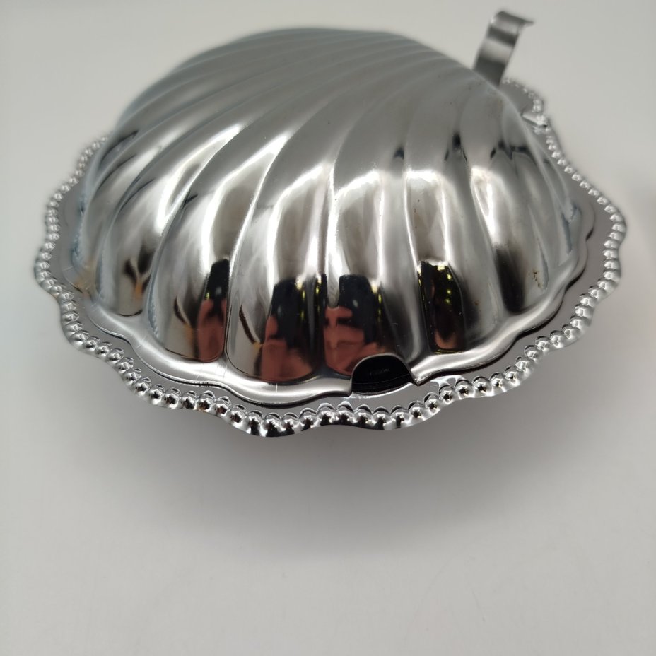 Масленка (икорница) в виде раковины, в оригинальной коробке, металл, стекло, Германия, 1980-2000 гг.