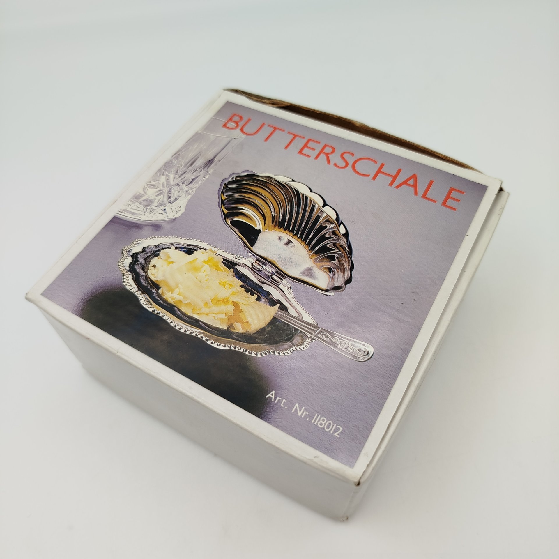 Масленка (икорница) в виде раковины, в оригинальной коробке, металл, стекло, Германия, 1980-2000 гг.