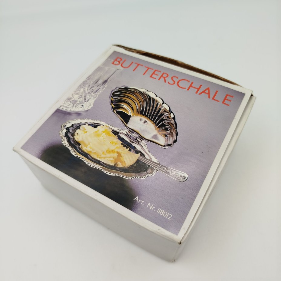 Масленка (икорница) в виде раковины, в оригинальной коробке, металл, стекло, Германия, 1980-2000 гг.