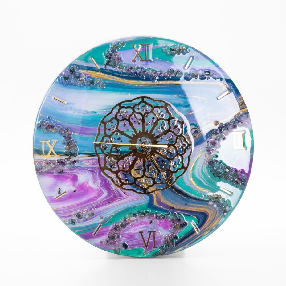 Часы настенные "Восточные мотивы", авторская ручная работа в технике Resin Art, Глянцевое 3D покрытие, натуральный камень, металл, Россия, 2021 г.