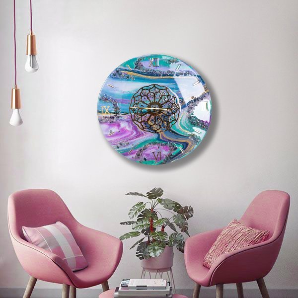Часы настенные "Восточные мотивы", авторская ручная работа в технике Resin Art, Глянцевое 3D покрытие, натуральный камень, металл, Россия, 2021 г.