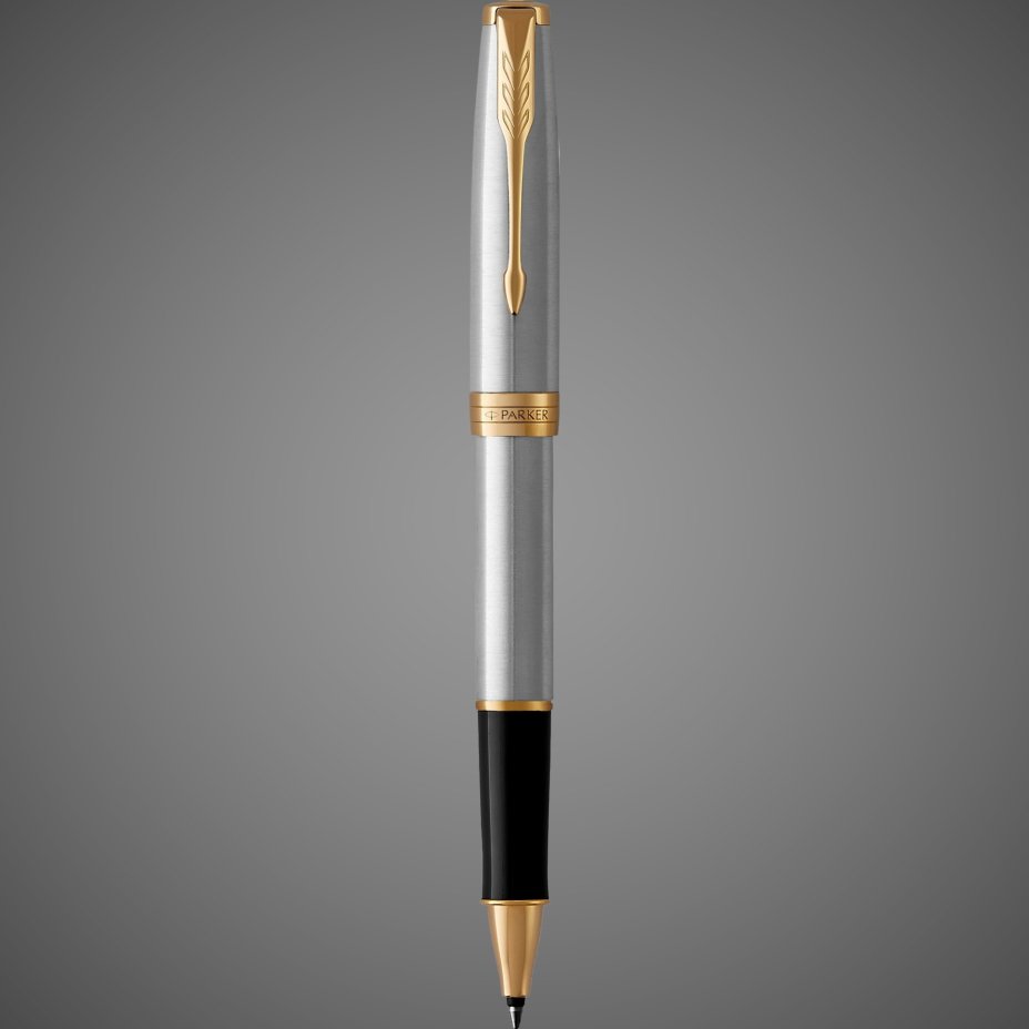 Ручка роллер Parker Sonnet Stainless Steel GT, стержень: F, цвет чернил: black, в подарочной упаковке, Металлы: латунь, нержавеющая сталь, позолота, позолота