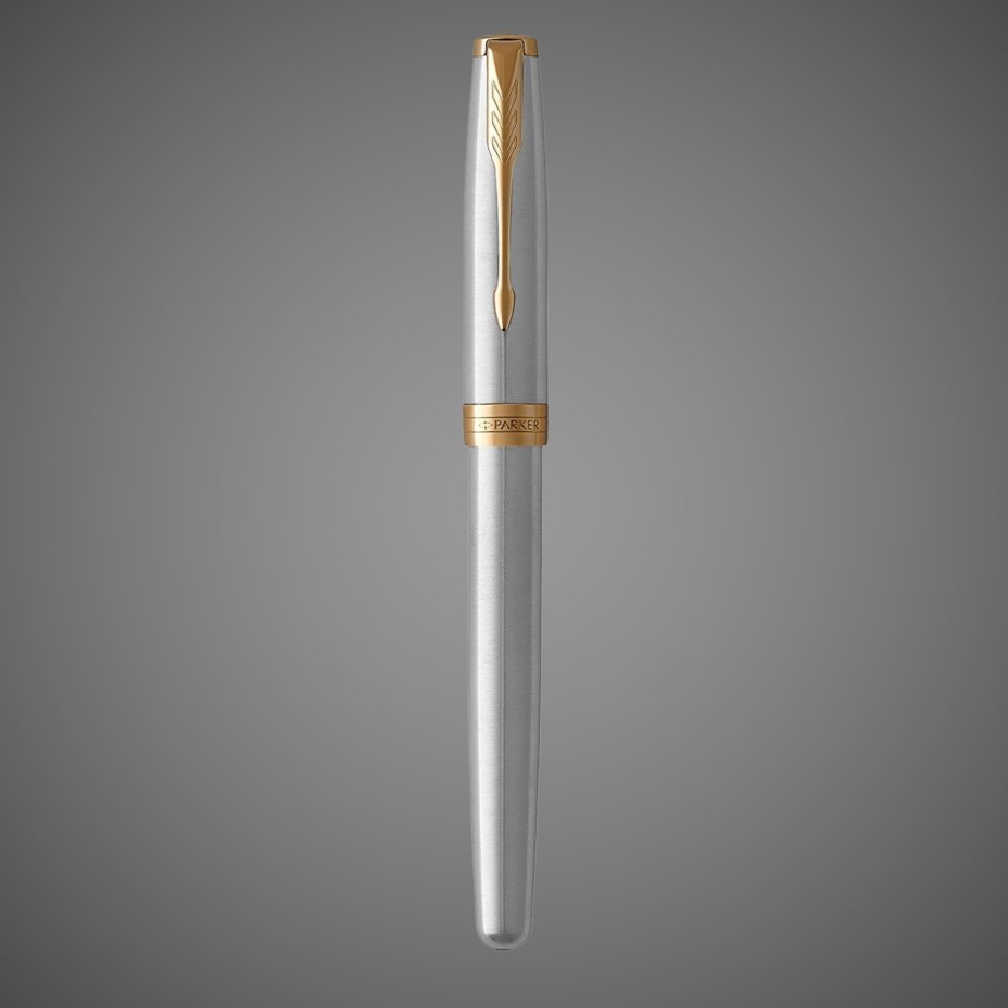 Ручка роллер Parker Sonnet Stainless Steel GT, стержень: F, цвет чернил: black, в подарочной упаковке, Металлы: латунь, нержавеющая сталь, позолота, позолота