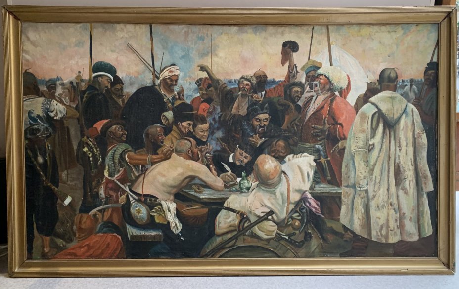 Картина в раме по мотивам произведения И. Е. Репина "Запорожцы (пишут письмо турецкому султану)", оригинал хранится в собрании Русского музея, холст, масло, СССР, 1940-1960 гг.