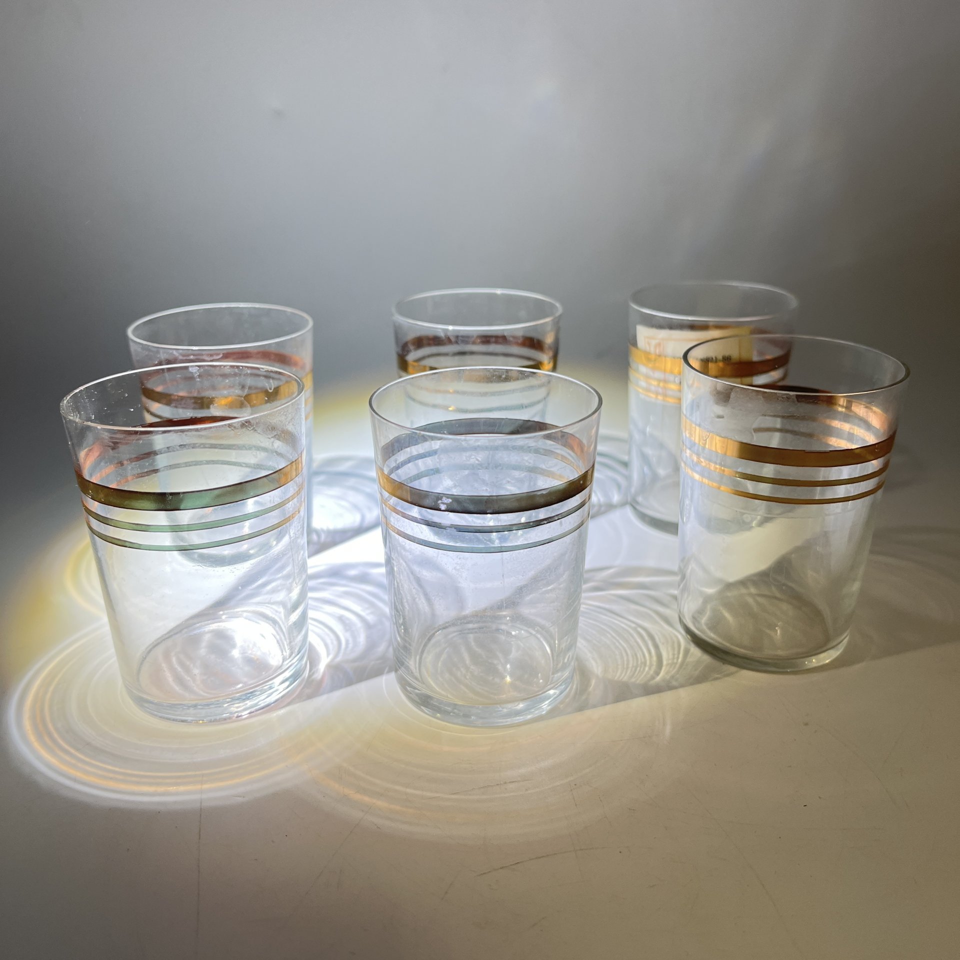 Набор из 6 стопок с декоров в виде золотой полосы, стекло, золочение, Гусевской хрустальный завод (Гусь-Хрустальный), СССР, 1970-1980 гг.