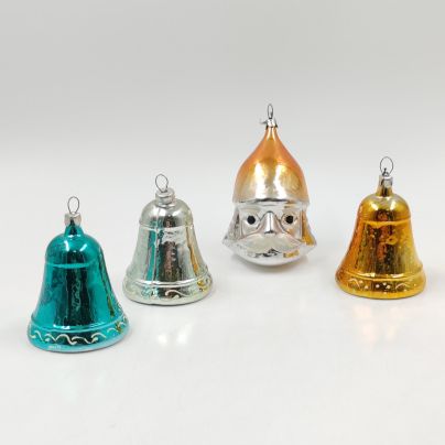 Набор из 4-х елочных игрушек "Голова богатыря" и колокольчики, стекло, металл, краска, СССР, 1960-1980 гг.