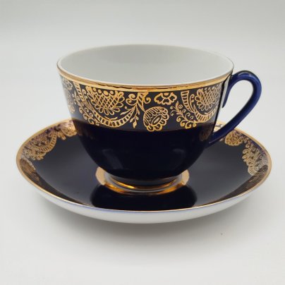 Пара чайная "Золотой фриз", фарфор, крытье кобальтом, Ленинградский фарфоровый завод (ЛФЗ), СССР, 1960-1970 гг.