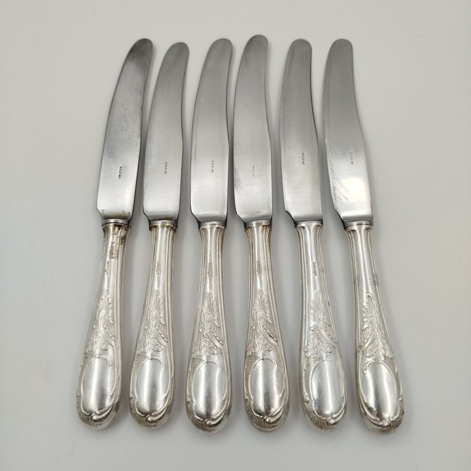 Набор из шести десертных ножей "Дубок", мНЦ (медь-никель-цинк), нержавеющая сталь, Киевский завод столовых приборов и посуды им. Дзержинского (ЗiД, ЗиД), СССР, 1960-1990 гг., Киевский завод столовых приборов и посуды им. Дзержинского (ЗiД