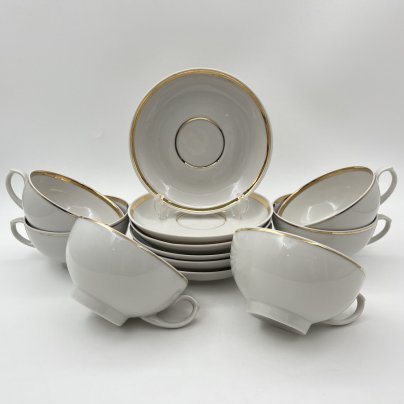 Набор из шести чайных пар с золотистым кантом, фарфор, золочение, Дулевский фарфоровый завод (Дулёво), СССР, 1968-1991 гг.