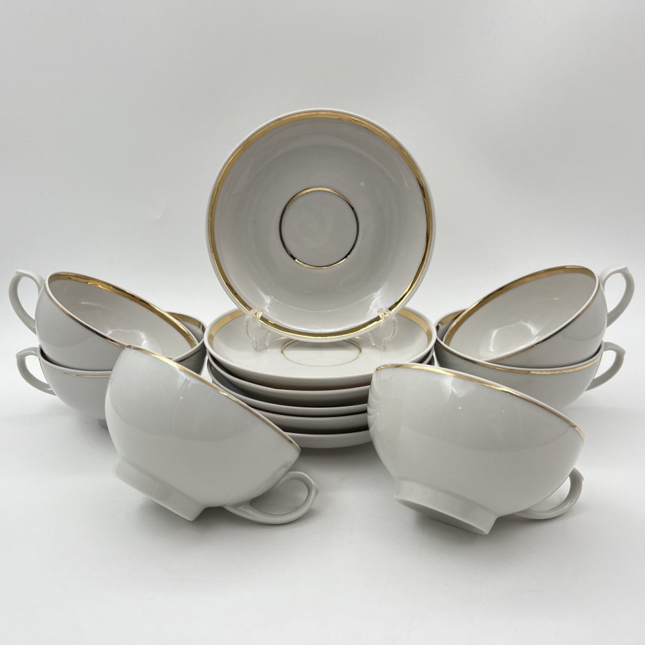Набор из шести чайных пар с золотистым кантом, фарфор, золочение, Дулевский фарфоровый завод (Дулёво), СССР, 1968-1991 гг.