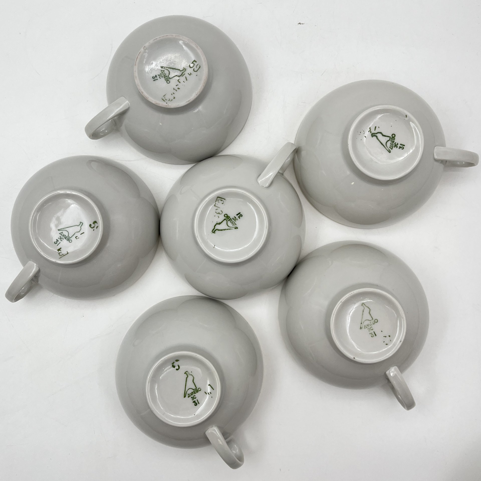 Набор из шести чайных пар с золотистым кантом, фарфор, золочение, Дулевский фарфоровый завод (Дулёво), СССР, 1968-1991 гг.