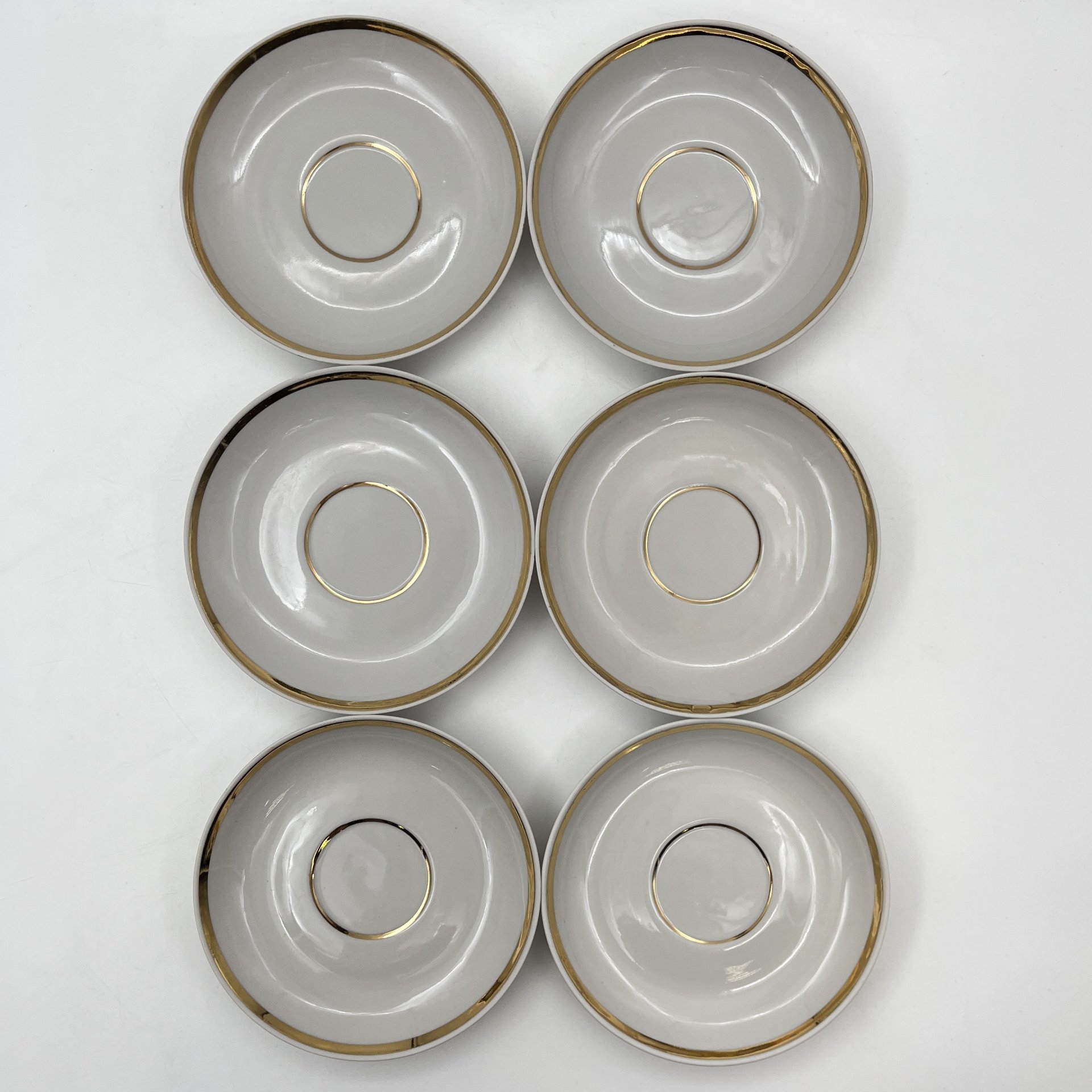 Набор из шести чайных пар с золотистым кантом, фарфор, золочение, Дулевский фарфоровый завод (Дулёво), СССР, 1968-1991 гг.