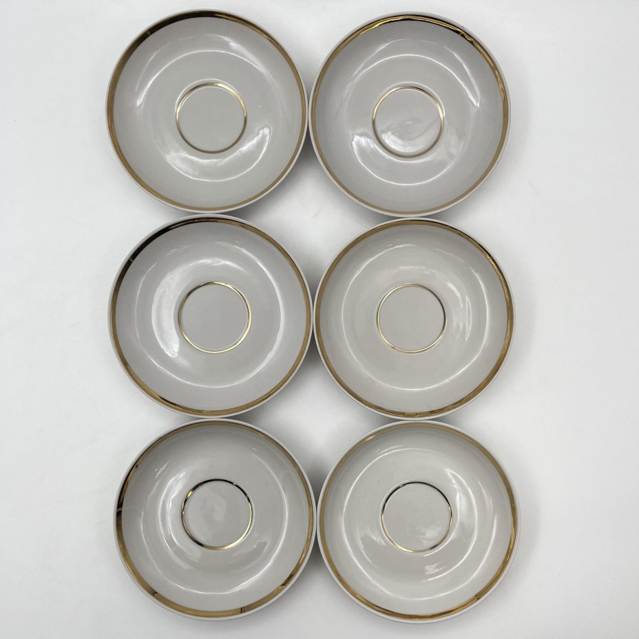 Набор из шести чайных пар с золотистым кантом, фарфор, золочение, Дулевский фарфоровый завод (Дулёво), СССР, 1968-1991 гг.