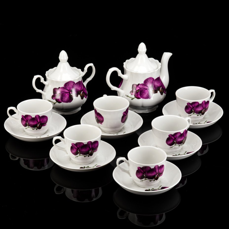 Сервиз чайный "Роскошная орхидея", форма "Романс", на 6 персон (14 предметов), фарфор, печать, Добрушский фарфоровый завод, Беларусь, 2000-2020 гг.