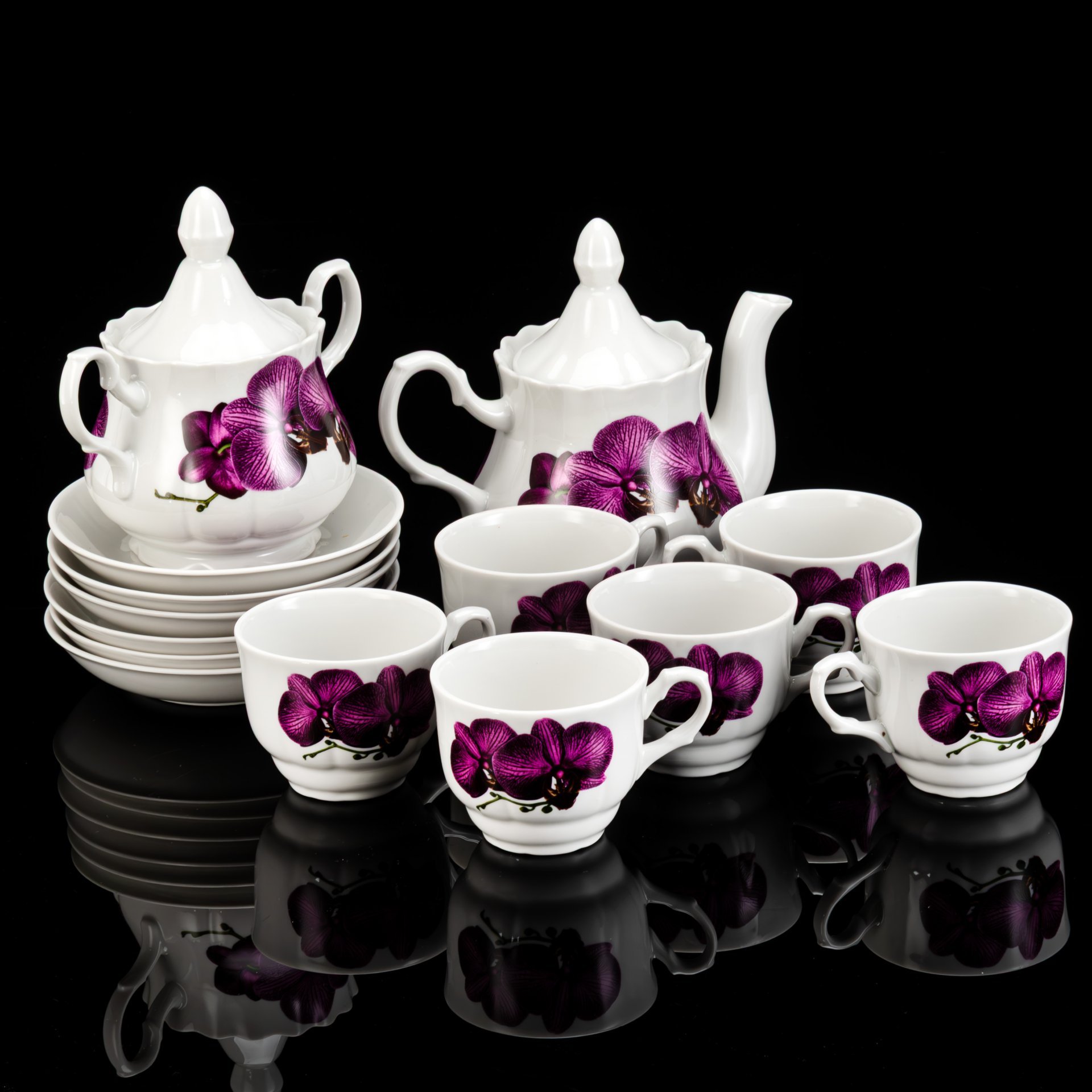 Сервиз чайный "Роскошная орхидея", форма "Романс", на 6 персон (14 предметов), фарфор, печать, Добрушский фарфоровый завод, Беларусь, 2000-2020 гг.