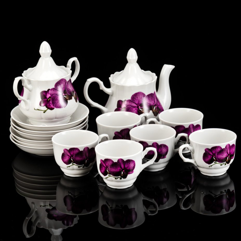 Сервиз чайный "Роскошная орхидея", форма "Романс", на 6 персон (14 предметов), фарфор, печать, Добрушский фарфоровый завод, Беларусь, 2000-2020 гг.