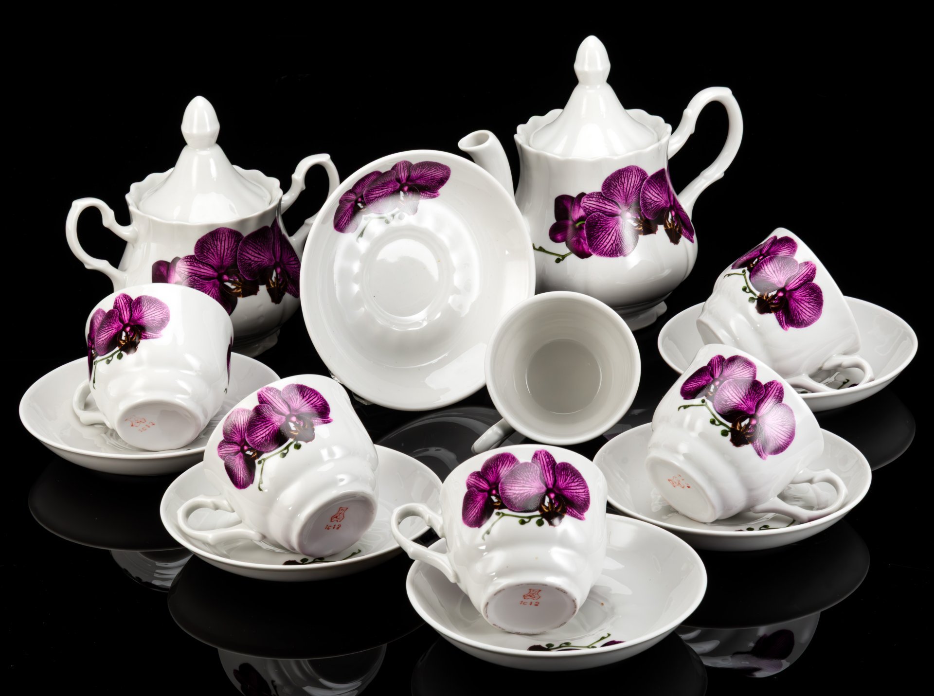 Сервиз чайный "Роскошная орхидея", форма "Романс", на 6 персон (14 предметов), фарфор, печать, Добрушский фарфоровый завод, Беларусь, 2000-2020 гг.