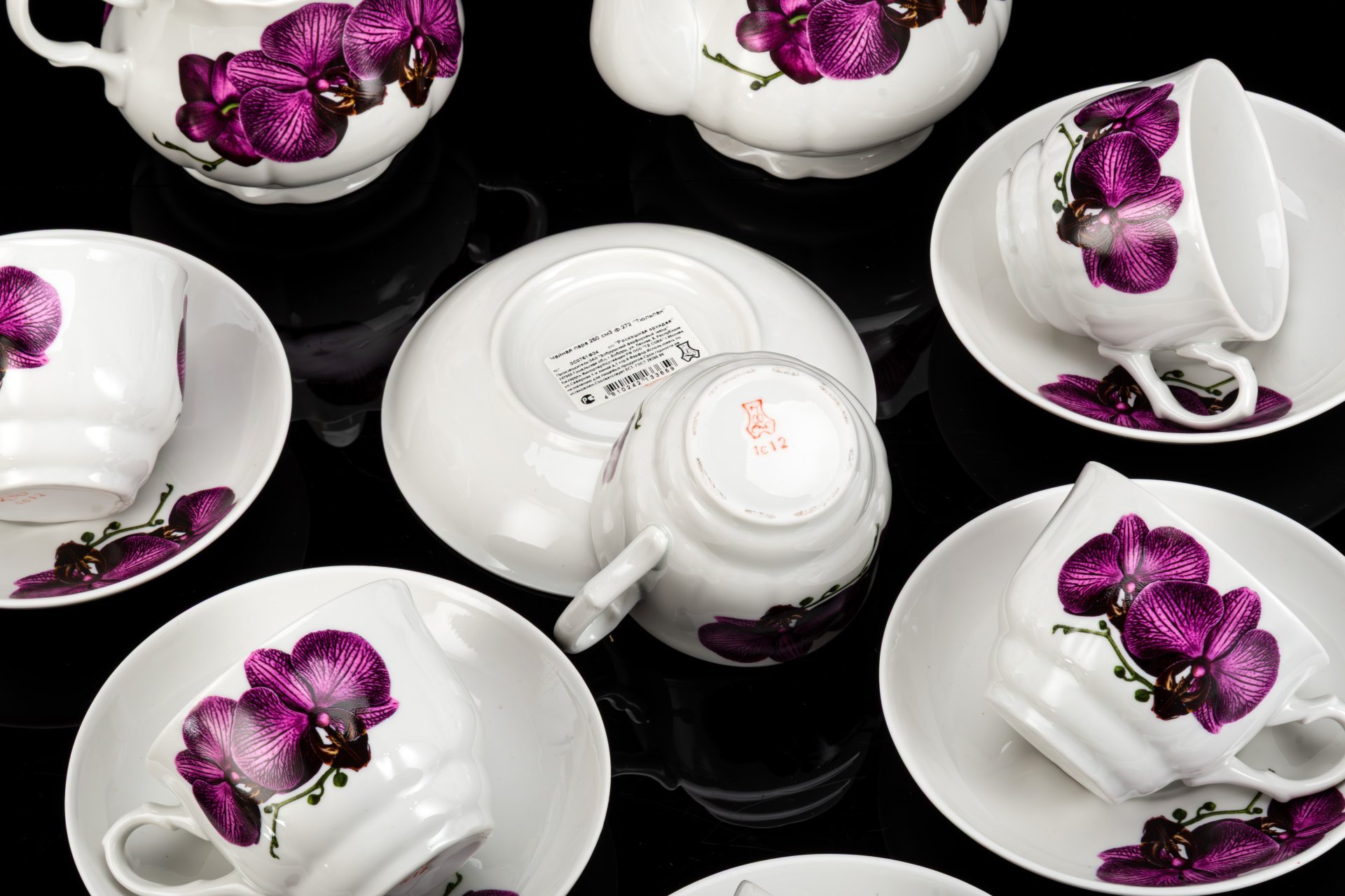 Сервиз чайный "Роскошная орхидея", форма "Романс", на 6 персон (14 предметов), фарфор, печать, Добрушский фарфоровый завод, Беларусь, 2000-2020 гг.