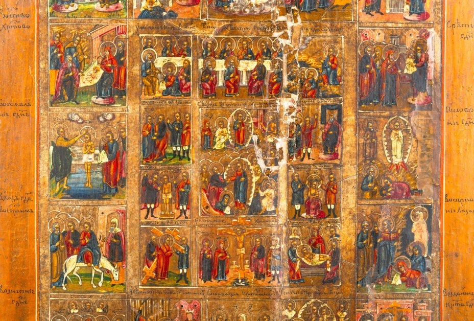 Икона "Воскресение Христово. Сошествие во ад (с двунадесятыми праздниками)"