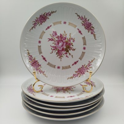 Набор обеденных тарелок с цветочным декором на 6 персон, фарфор, деколь, золочение, Graf Von Henneberg Porzellan, 1777 Jlmenau, ГДР, 1977-1990 гг.