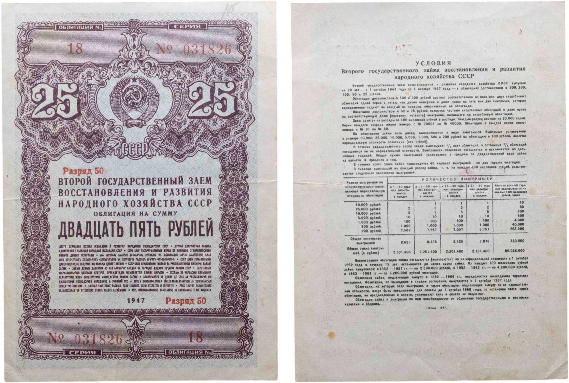 Облигация 25 рублей 1947 Государственный  заем восстановления и развития народного хозяйства СССР