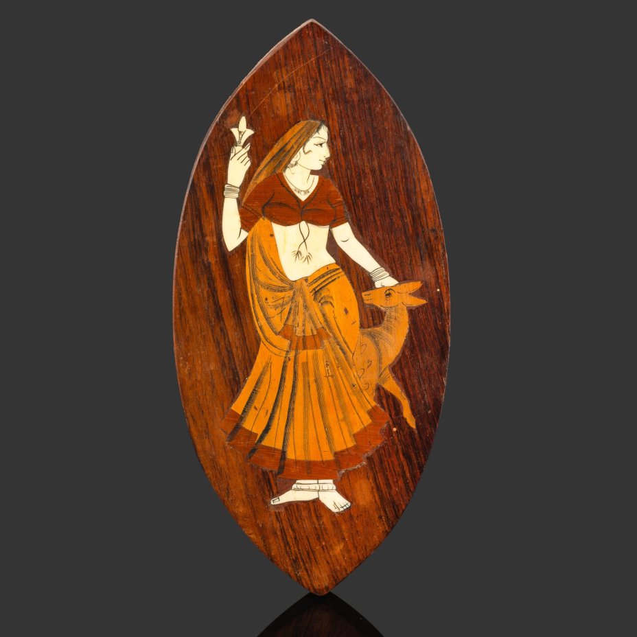 Настенное панно в восточном стиле "Восточная красавица с ланью", дерево, кость, резьба, Индия, 1960-1980 гг.