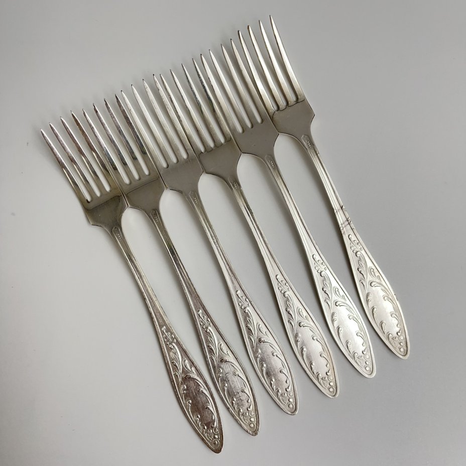 Набор десертных вилок "Пламя" (6 шт.), мНЦ (медь-никель-цинк), Кольчугинский завод цветных металлов, СССР, 1960-1990 гг.