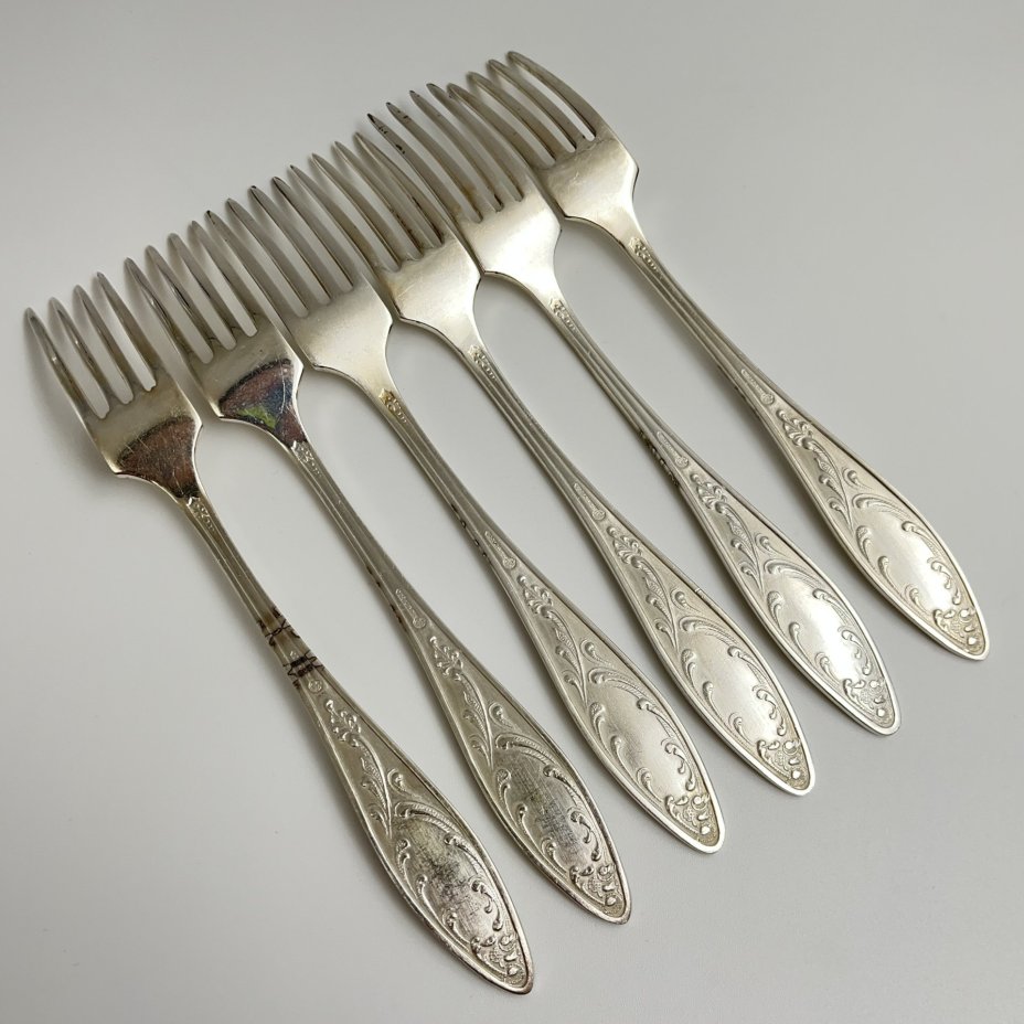 Набор десертных вилок "Пламя" (6 шт.), мНЦ (медь-никель-цинк), Кольчугинский завод цветных металлов, СССР, 1960-1990 гг.