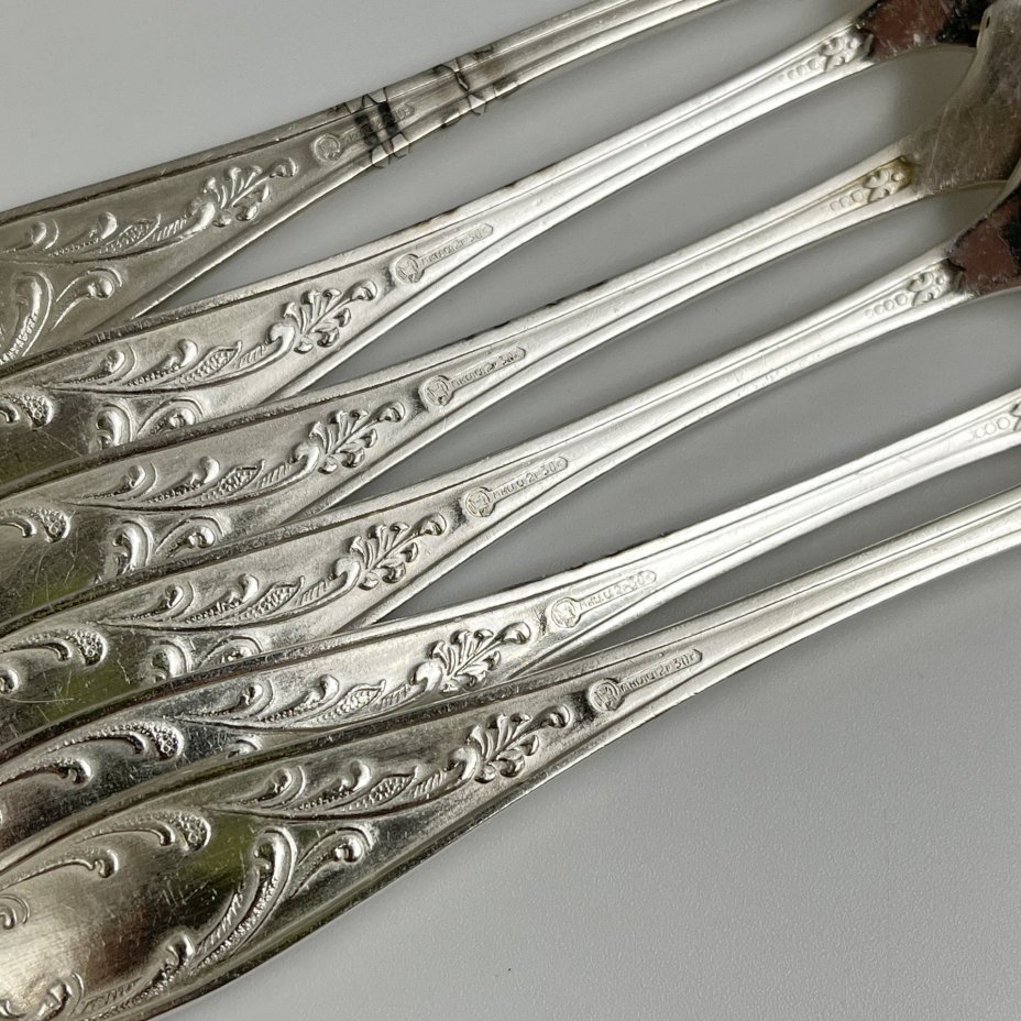 Набор десертных вилок "Пламя" (6 шт.), мНЦ (медь-никель-цинк), Кольчугинский завод цветных металлов, СССР, 1960-1990 гг.