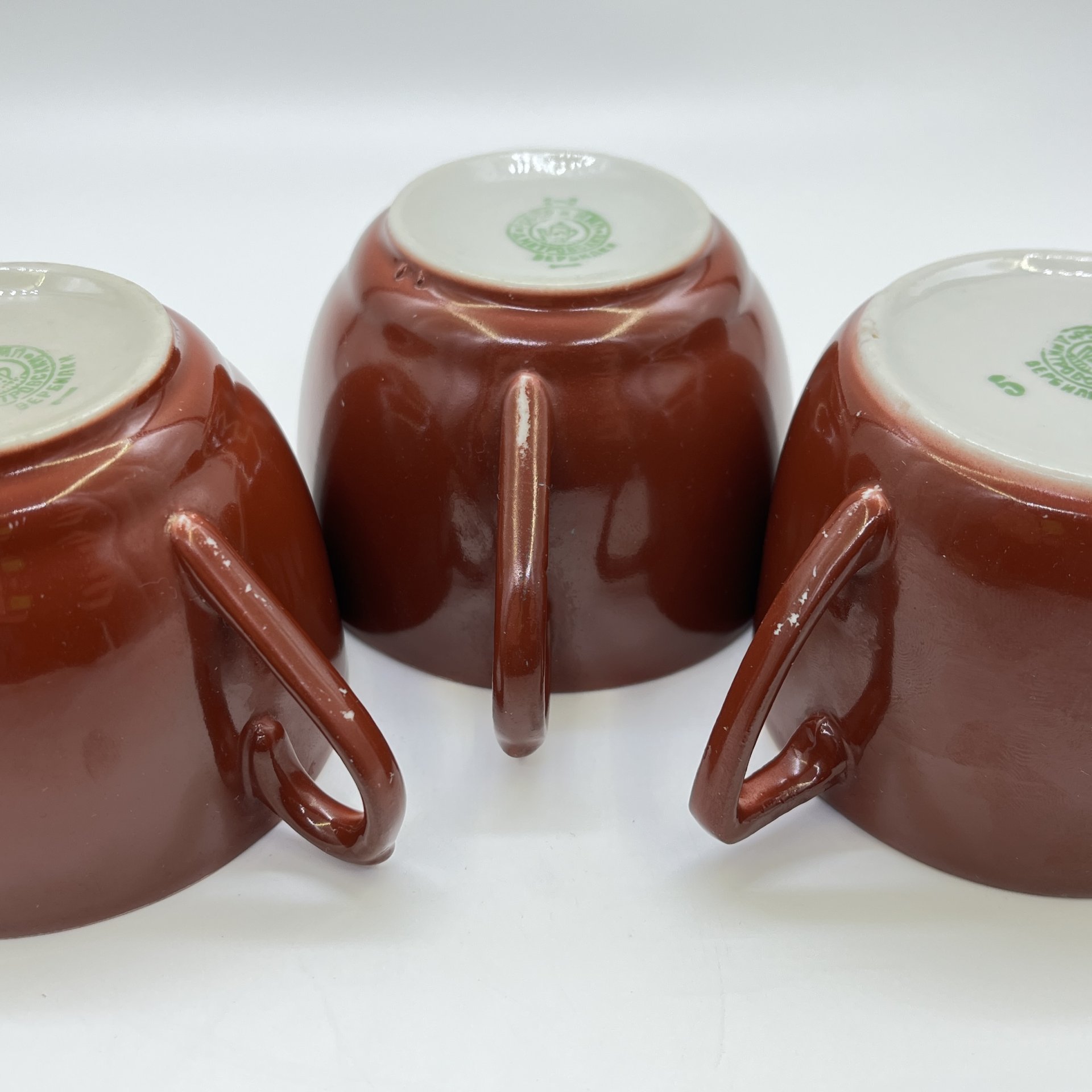 Набор чайных чашек на 3 персоны (в подборе), фарфор, крытье, Дмитровский фарфоровый завод (ДФЗ Вербилки), СССР, 1951-1954 гг.