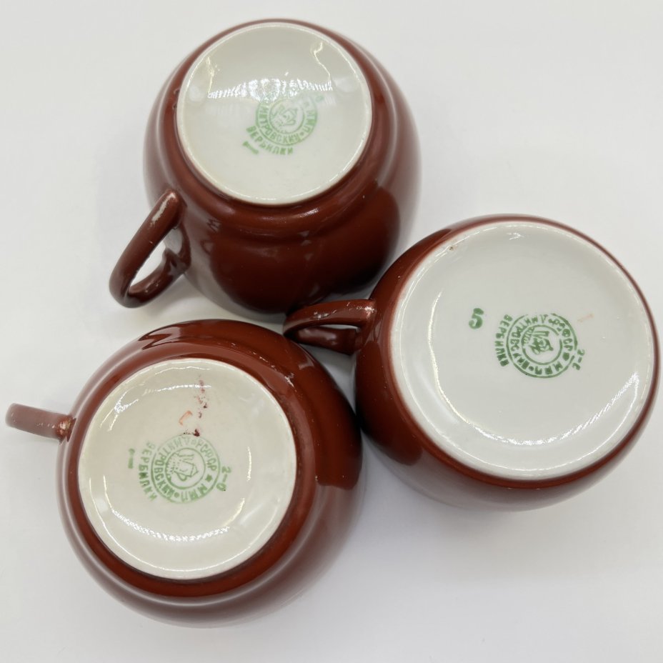 Набор чайных чашек на 3 персоны (в подборе), фарфор, крытье, Дмитровский фарфоровый завод (ДФЗ Вербилки), СССР, 1951-1954 гг.