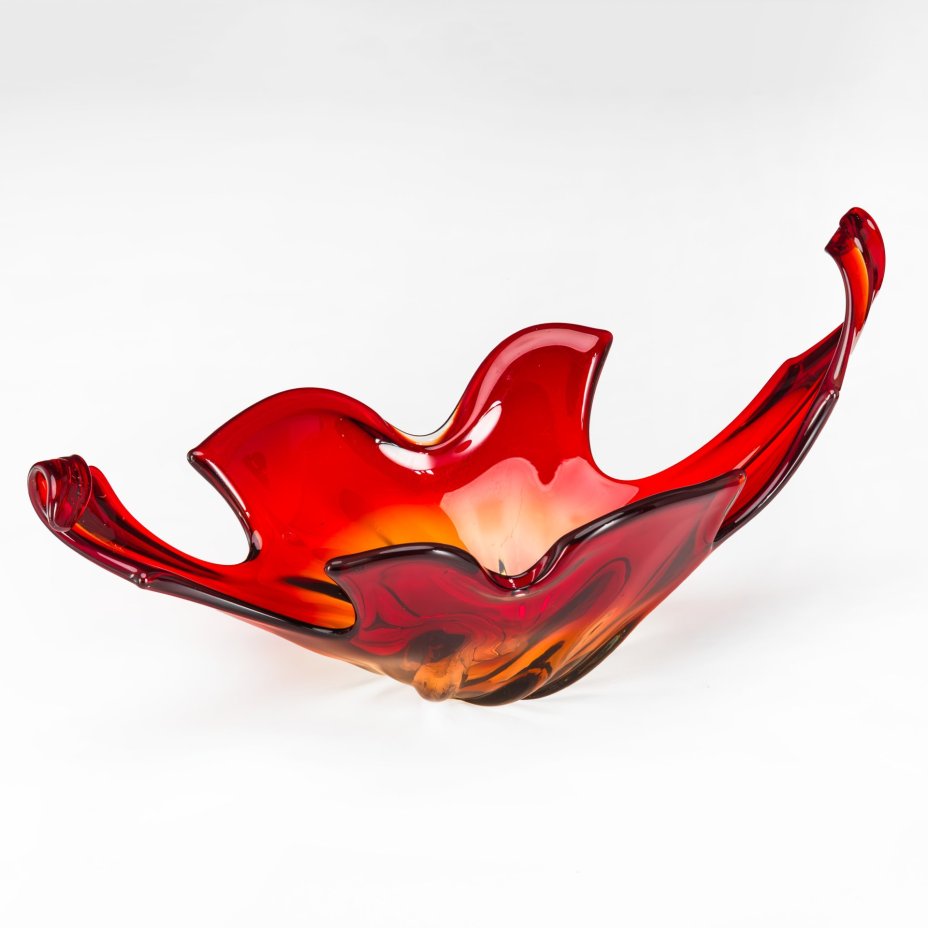 Большая интерьерная ваза (для фруктов или десертов) красно-янтарного цвета, Cristallo Venezia, стекло, гутная техника, sommerso, Murano, Италия, 1960-1969 гг.