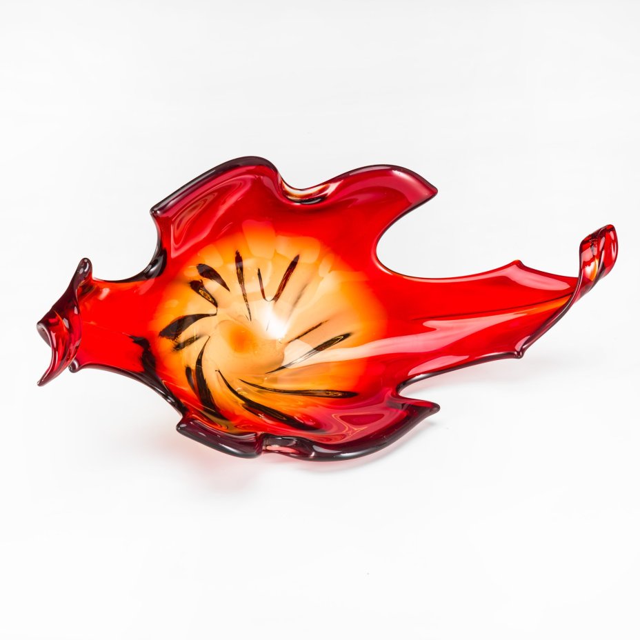 Большая интерьерная ваза (для фруктов или десертов) красно-янтарного цвета, Cristallo Venezia, стекло, гутная техника, sommerso, Murano, Италия, 1960-1969 гг.