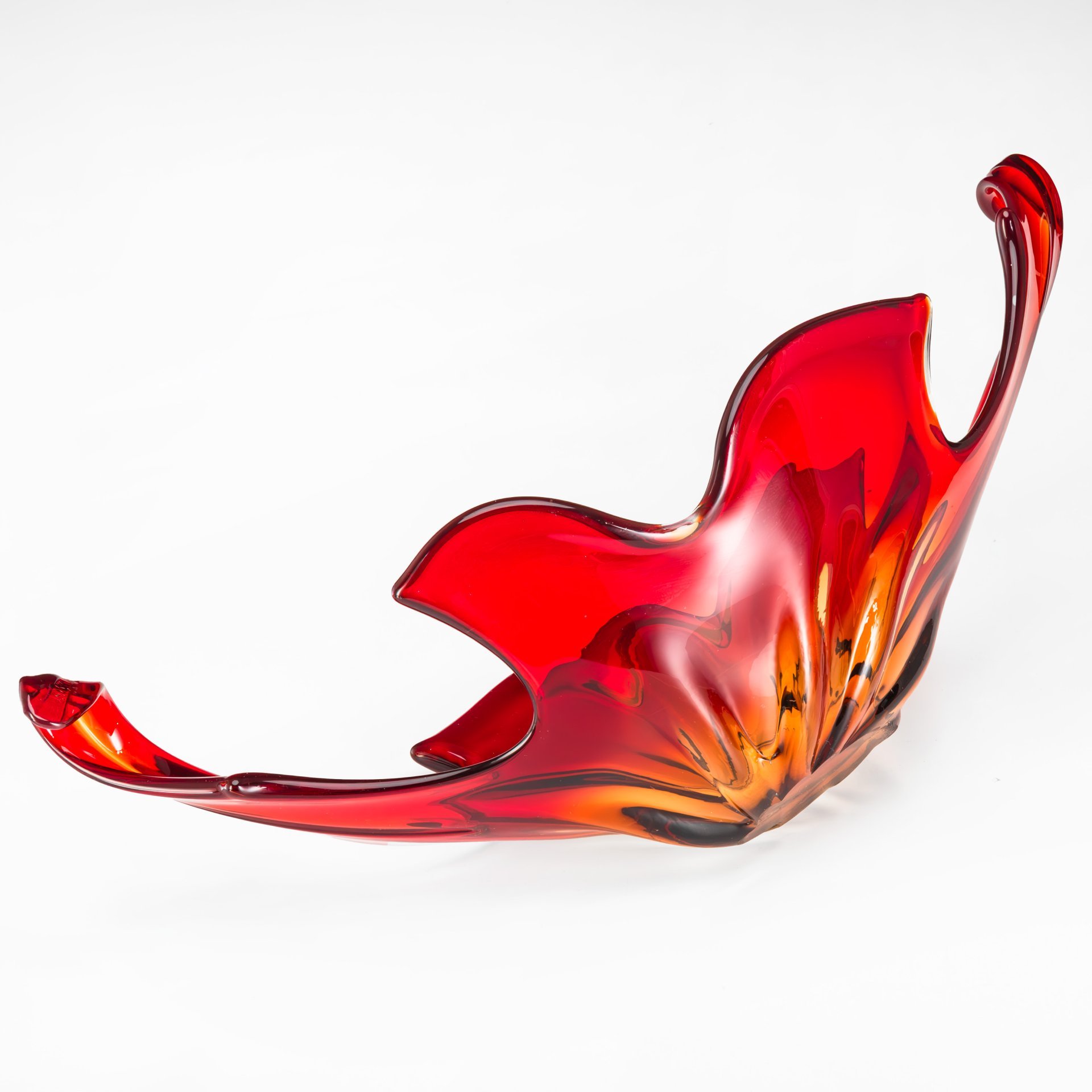 Большая интерьерная ваза (для фруктов или десертов) красно-янтарного цвета, Cristallo Venezia, стекло, гутная техника, sommerso, Murano, Италия, 1960-1969 гг.