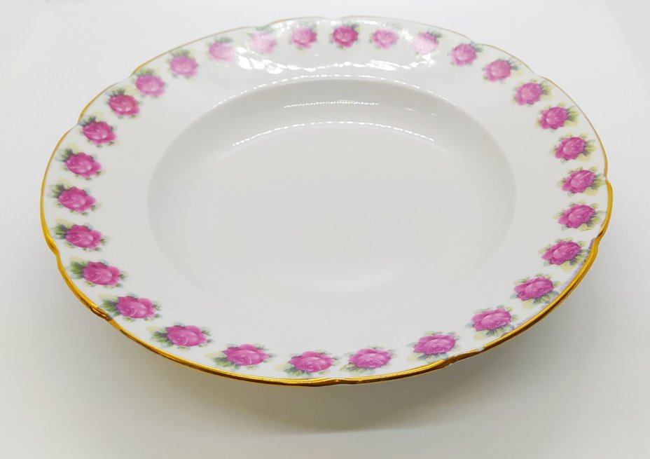 Тарелка суповая с цветочной каймой (специальная экспортная марка), фарфор, деколь, золочение, Дулевский фарфоровый завод (Дулёво), СССР, 1926-1935 гг., Дулевский фарфоровый завод (Дулёво)