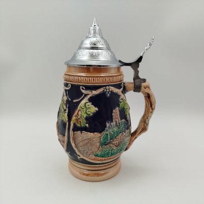 Кружка пивная, декорированная достопримечательностями Кёльна, керамика, рельеф, крышка-олово, Marzi & Remy, Германия, 1960-1980 гг., Marzi & Remy