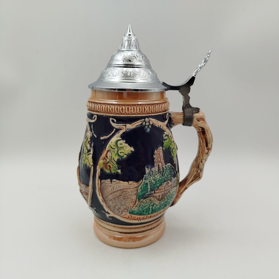 Кружка пивная, декорированная достопримечательностями Кёльна, керамика, рельеф, крышка-олово, Marzi & Remy, Германия, 1960-1980 гг., Marzi & Remy