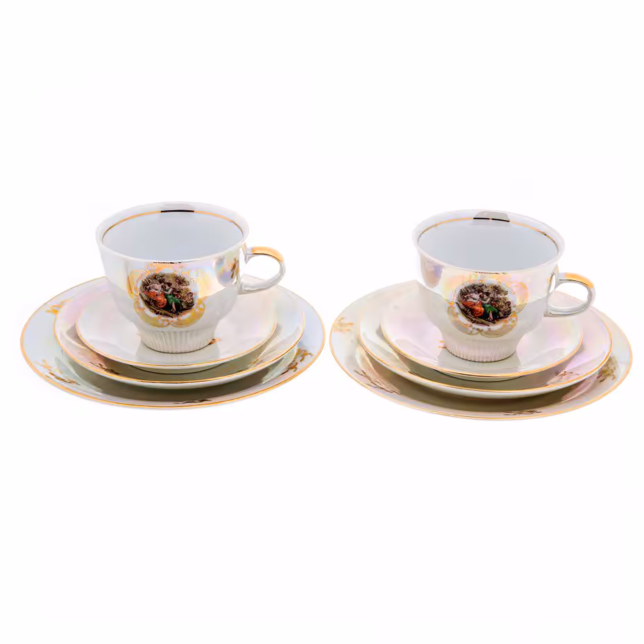 Набор из 2 чайных трио и 2 розеток "Мадонна", фарфор, деколь, люстр, фабрика "Colditz Porcelain Factory", ГДР, 1960-1990 гг., Colditz (Кольдиц)