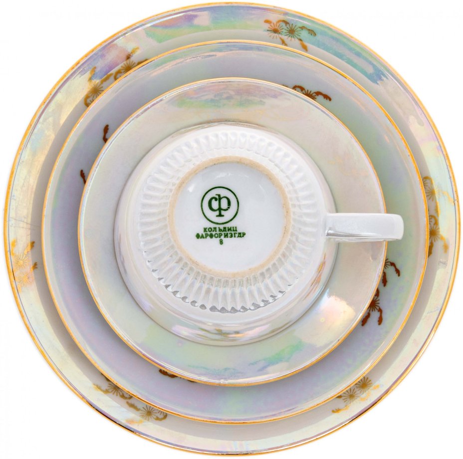 Набор из 2 чайных трио и 2 розеток "Мадонна", фарфор, деколь, люстр, фабрика "Colditz Porcelain Factory", ГДР, 1960-1990 гг., Colditz (Кольдиц)
