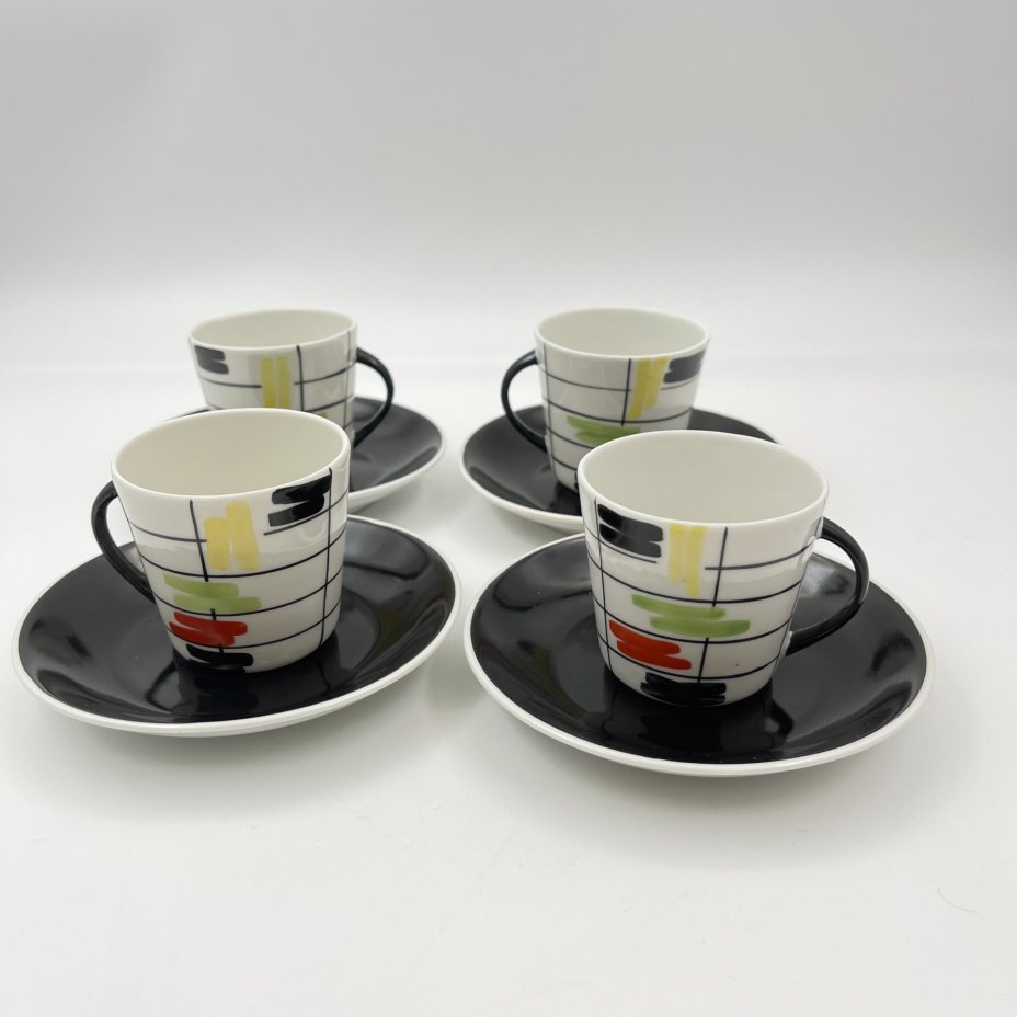 Набор кофейных пар на 4 персоны с геометрическим декором, автор Данута Душняк, фарфор, роспись, Chodziez, Польша, 1964-1980 гг.