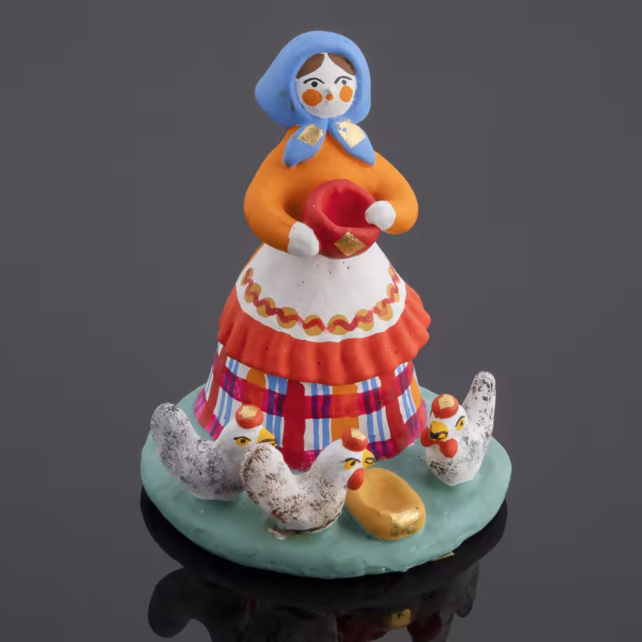 Игрушка Дымковская "Кормление кур", автор А.И. Ворожцова, Кировские ХПМ ХФ РСФСР