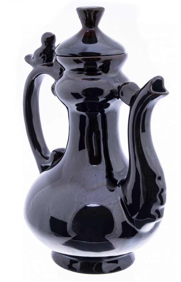 Кофейник с фигуркой птички на ручке, обливная керамика, СССР, 1970-1990 гг.