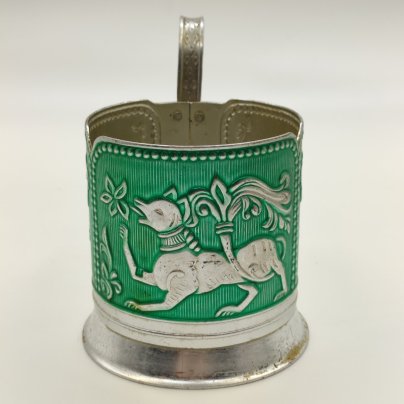 Подстаканник "Сказочные животные" на зеленом фоне, алюминий, крашение, чеканка, Завод художественной гравюры на металле, СССР, 1973-1991 гг.