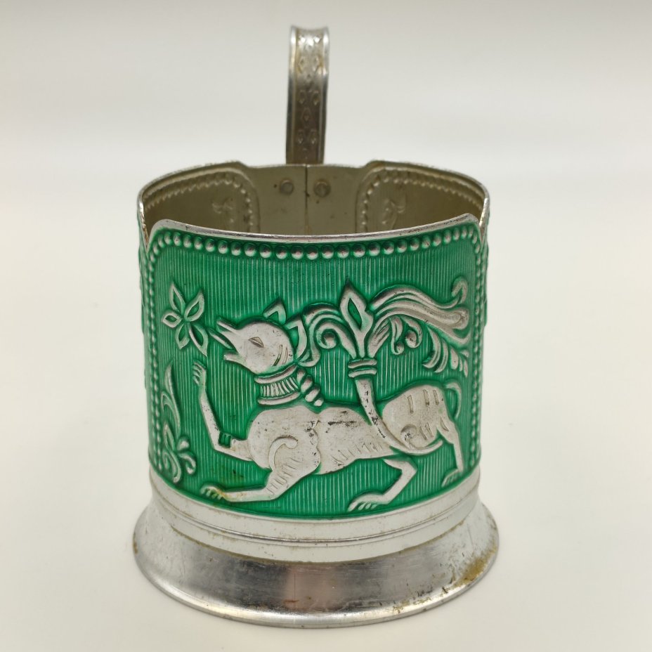 Подстаканник "Сказочные животные" на зеленом фоне, алюминий, крашение, чеканка, Завод художественной гравюры на металле, СССР, 1973-1991 гг.