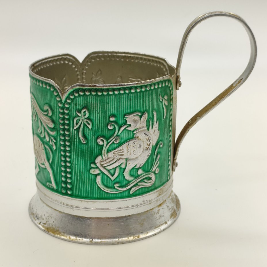 Подстаканник "Сказочные животные" на зеленом фоне, алюминий, крашение, чеканка, Завод художественной гравюры на металле, СССР, 1973-1991 гг.