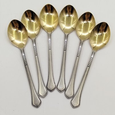 Набор из 6 чайных ложек с геометрическим декором, мНЦ (медь-никель-цинк), золочение, Экспериментальный ювелирный завод, г. Таллин, СССР, 1962-1991 гг.