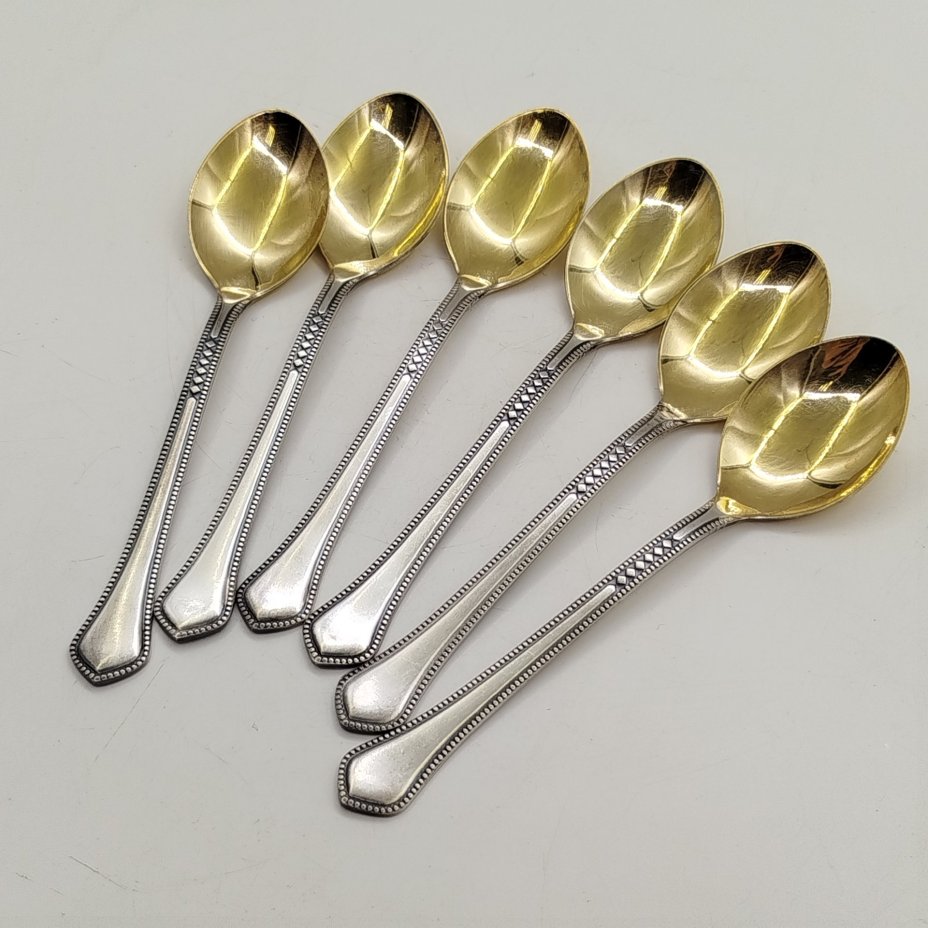 Набор из 6 чайных ложек с геометрическим декором, мНЦ (медь-никель-цинк), золочение, Экспериментальный ювелирный завод, г. Таллин, СССР, 1962-1991 гг.