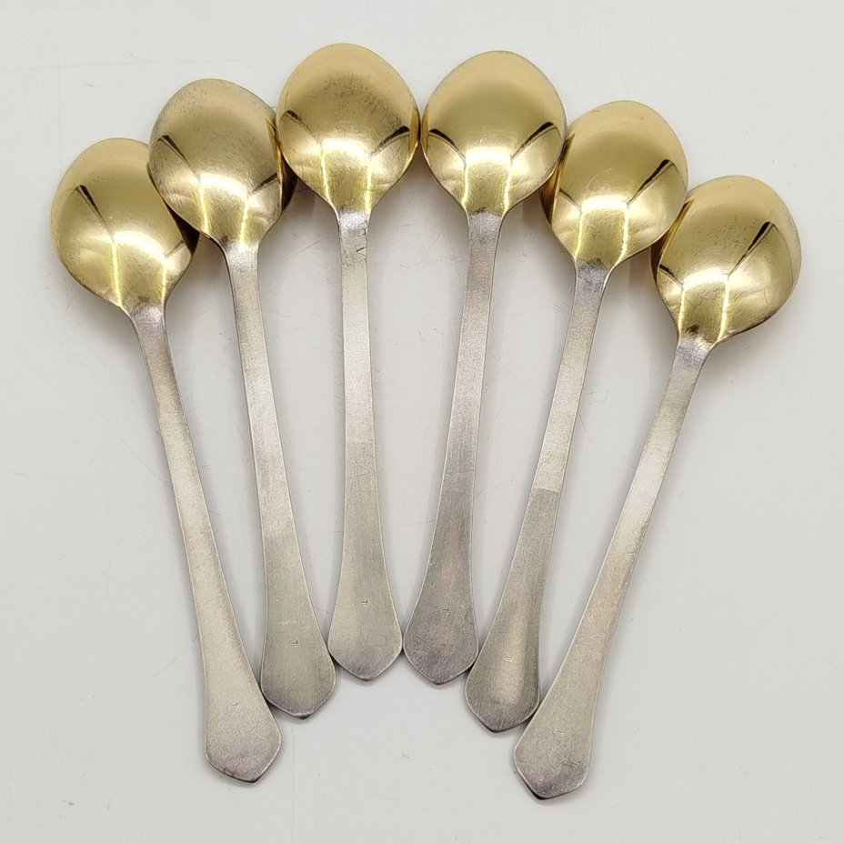 Набор из 6 чайных ложек с геометрическим декором, мНЦ (медь-никель-цинк), золочение, Экспериментальный ювелирный завод, г. Таллин, СССР, 1962-1991 гг.