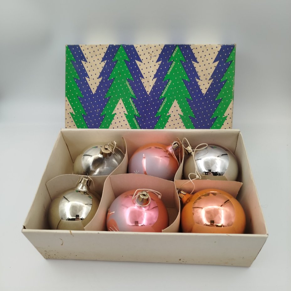 Набор из шести ёлочных шаров "Осенний" в коробке (с изображением птиц), стекло, краска, металл, картон, Завидовская фабрика игрушек, СССР, 1970-1990 гг.