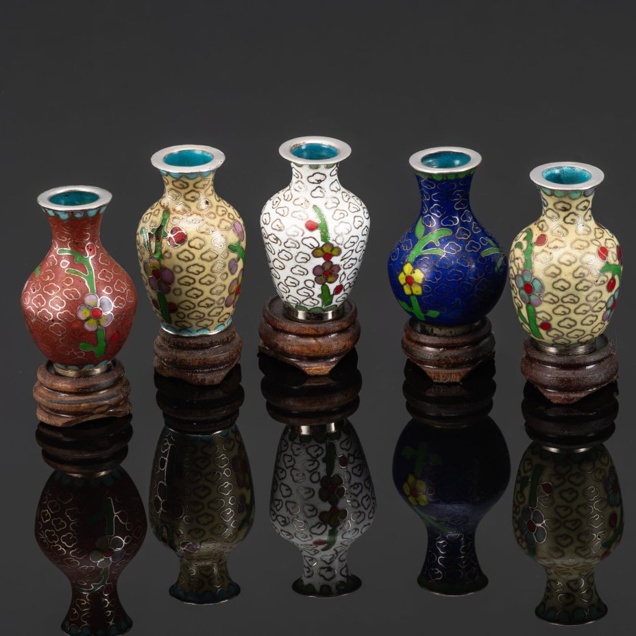 Набор из 5 миниатюрных ваз на подставке, техника клуазоне